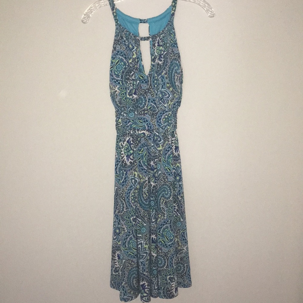 Navy, green, white paisley sleeveless dress